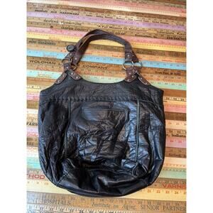 The Sak Hobo Large Bag Black Leather Shoulder Purse Riveted Accents Brown Handle